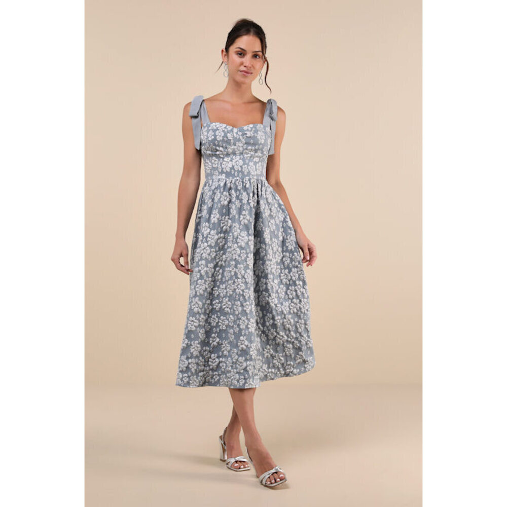 Lulus Bubbly Bliss Slate Blue Jacquard Bustier Tie-strap Midi Dress - Size S